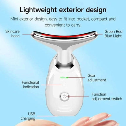 Neck Beauty Massager, Oval Shape For Neck And Facial Relaxation showing lightweight exterior design, skincare head, LED lights, USB charging and function controls