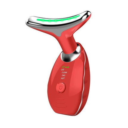 Neck Beauty Massager, Oval Shape For Neck And Facial Relaxation - red handheld device with LED, sonic vibration and 45°C heat therapy for neck and face