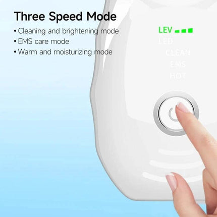 Neck Beauty Massager, Oval Shape For Neck And Facial Relaxation handheld device showing three speed mode and finger pressing power button