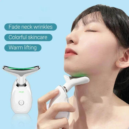 Neck Beauty Massager, Oval Shape For Neck And Facial Relaxation - woman using oval sonic ionic 45°C heat device on neck