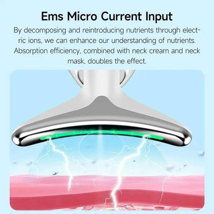 Neck Beauty Massager, Oval Shape For Neck And Facial Relaxation showing EMS micro current input and ionic infusion for neck and facial care