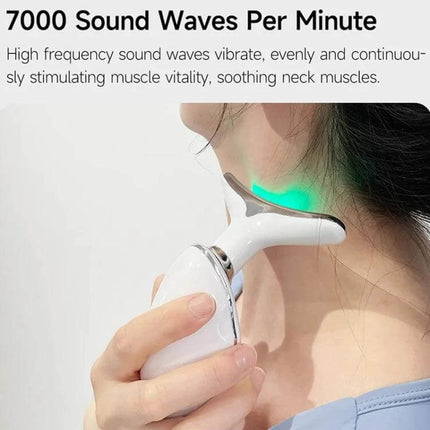 Neck Beauty Massager, Oval Shape For Neck And Facial Relaxation handheld device showing green light on neck for sonic vibration and heat therapy