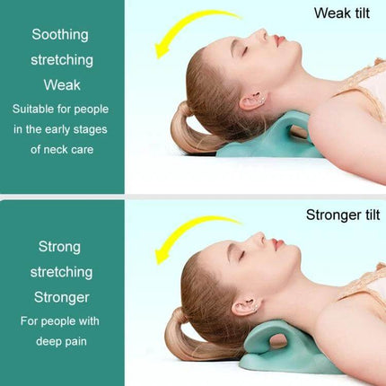 Neck Cervical Massager With Acupressure Pillow For Everyday Relief showing weak and stronger tilt positions for neck stretching and pain relief