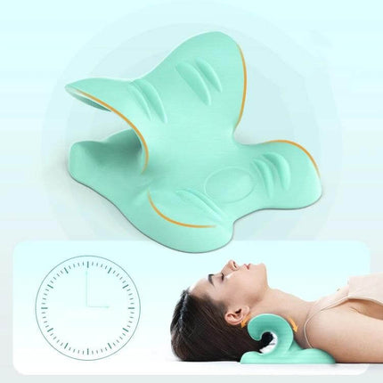 Neck Cervical Massager With Acupressure Pillow For Everyday Relief ergonomic EVA neck support showing product and woman using it for cervical stretch