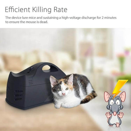 Neo Smart WiFi Sensor Mousetrap for Everyday Home Use compact indoor trap with app alerts shown next to a cat