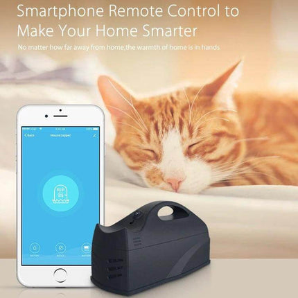 Neo Smart WiFi Sensor Mousetrap for Everyday Home Use showing device beside smartphone app with sleeping cat in background