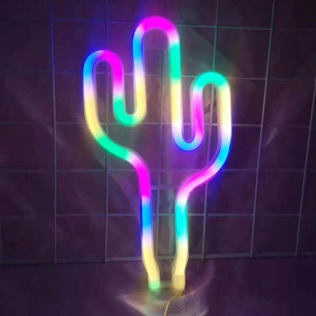 Neon LED Modeling Lamp Night Light For Indoor And Outdoor Use USB Powered - cactus-shaped multicolor neon tube on wall, USB or battery powered decorative lamp