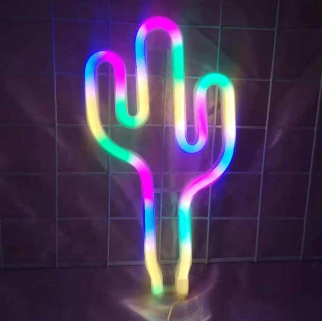 Neon LED Modeling Lamp Night Light For Indoor And Outdoor Use USB Powered - cactus-shaped multicolor neon tube on wall, USB or battery powered decorative lamp