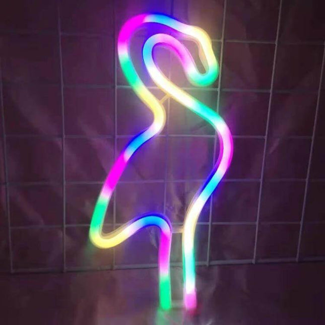Neon LED Modeling Lamp Night Light For Indoor And Outdoor Use USB Powered - rainbow flamingo neon tube on wire grid, USB or battery powered decorative night light