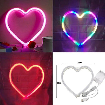 Neon LED Modeling Lamp Night Light For Indoor And Outdoor Use USB Powered heart-shaped neon light with USB cable and battery box, pink and rainbow glow