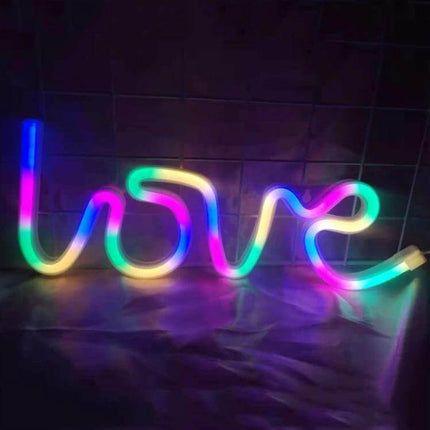 Neon LED Modeling Lamp Night Light For Indoor And Outdoor Use USB Powered colorful rainbow neon 'love' sign on shelf, USB or AA battery powered