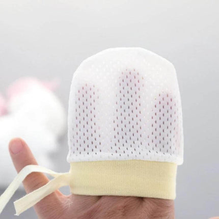 Newborn Baby Anti-Scratching Mesh Mittens With Adjustable Drawstring shown on a hand, breathable nylon mesh mitt for preventing scratches and germs