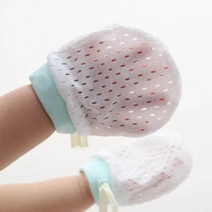 Newborn Baby Anti-Scratching Mesh Mittens With Adjustable Drawstring soft breathable nylon mesh mittens on infant hands