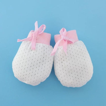 Newborn Baby Anti-Scratching Mesh Mittens With Adjustable Drawstring - white breathable nylon mittens with pink cuffs and bows
