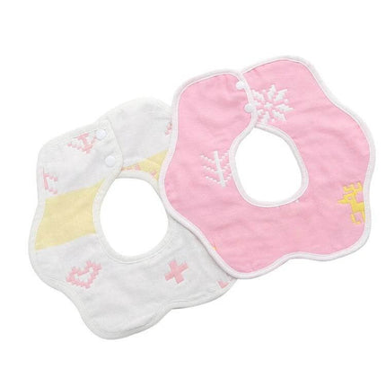 Newborn Baby Petal Waterproof Bib Dual Sided Set Of 2 Gauze Cotton - pink and white floral-shaped baby bibs, waterproof exterior and soft gauze interior