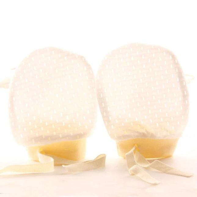 Newborn Baby Anti-Scratching Mesh Mittens With Adjustable Drawstring in soft white breathable nylon with ties to protect newborn skin