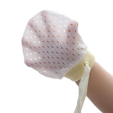 Newborn Baby Anti-Scratching Mesh Mittens With Adjustable Drawstring - breathable nylon mesh mitten on infant hand with drawstring cuff