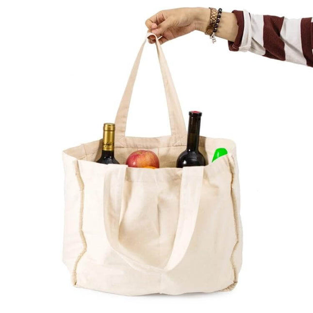 NIEN Compartmentalized Grocery Bag for Fruits and Vegetables holding apples, wine bottles and groceries in organized cotton compartments