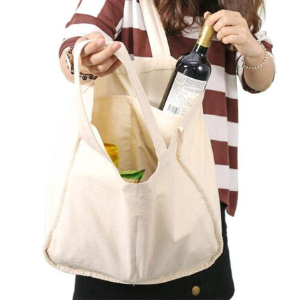 NIEN Compartmentalized Grocery Bag for Fruits and Vegetables shown holding wine bottle and produce in cotton tote with large opening