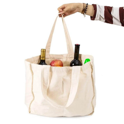 NIEN Compartmentalized Grocery Bag for Fruits and Vegetables holding apples, wine bottles and produce in cotton tote with divided compartments