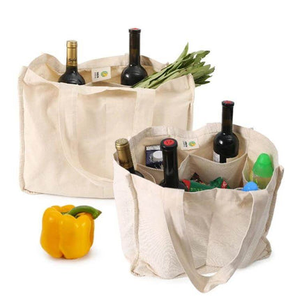 NIEN Compartmentalized Grocery Bag for Fruits and Vegetables cotton tote with divided compartments holding wine, produce, and groceries for organized shopping
