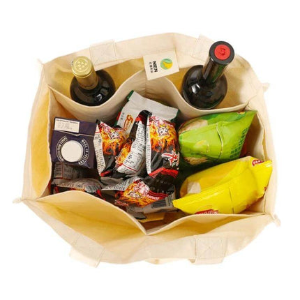 NIEN Compartmentalized Grocery Bag for Fruits and Vegetables with organized compartments holding wine, snacks and produce in a cotton tote