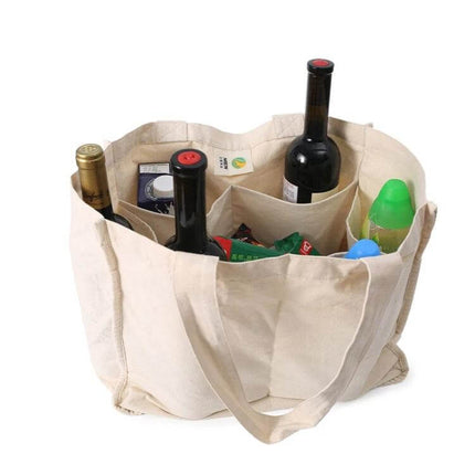 NIEN Compartmentalized Grocery Bag for Fruits and Vegetables showing cotton tote with divided compartments holding bottles and produce