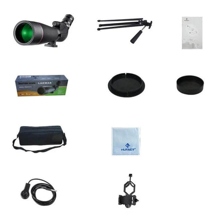 Night Vision Monocular Telescope With Tripod For Outdoor Camping And Birding kit laid out showing 20x–60x monocular, tripod, lens caps, carrying case and accessories