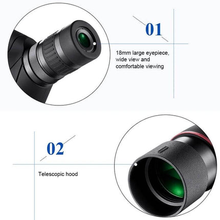 Night Vision Monocular Telescope With Tripod For Outdoor Camping And Birding highlighting 18mm eyepiece and telescopic hood, 20x–60x magnification, waterproof body
