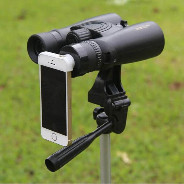 Nikula 10x42 Outdoor Binoculars For Hiking And Travel mounted on tripod with smartphone adapter for hands-free wildlife and travel photography