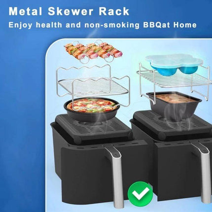 Ninja Foodi 8 Quart 11 In 1 Air Fryer Accessory Set Kit metal skewer rack, pizza pan and multi-purpose racks shown on 8-qt air fryer (air fryer not included)