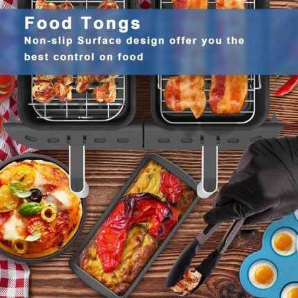 Ninja Foodi 8 Quart 11 In 1 Air Fryer Accessory Set Kit showing non-stick pans, rack, and tongs with cooked pizza, bread, and bacon