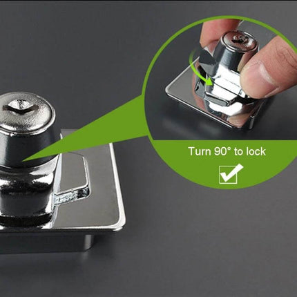 No Hole Hook With Locking Hasp For Drawers 4 Inch Interlocking stainless steel twist-to-lock hasp on wooden drawer with brushed finish