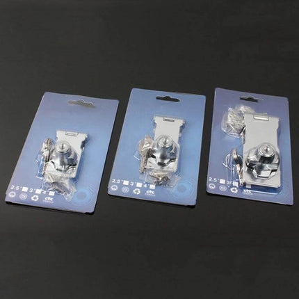 No Hole Hook With Locking Hasp For Drawers 4 Inch Interlocking stainless steel twist-to-lock pack of three on blue cards