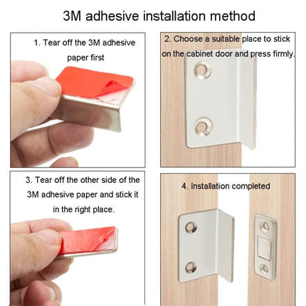 No Punch Invisible Door Suction Magnetic Catch For Wardrobe Doors showing 3M adhesive installation steps on wardrobe door (tear, stick, align, completed)