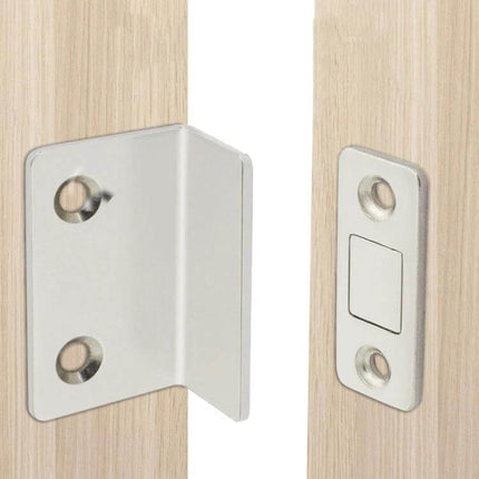 No Punch Invisible Door Suction Magnetic Catch For Wardrobe Doors slim nickel-plated L-type catch on light wood cabinet door