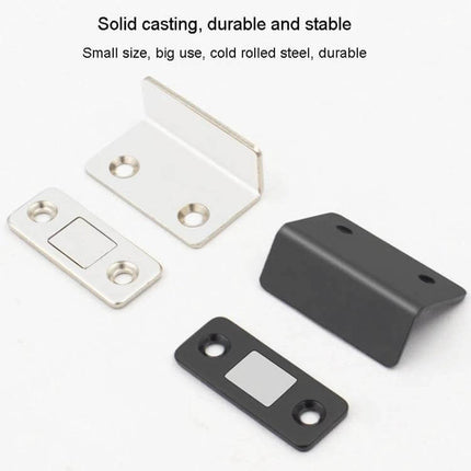 No Punch Invisible Door Suction Magnetic Catch For Wardrobe Doors shown in nickel-plated L-type and black slim magnetic catches for wardrobe and cabinet doors
