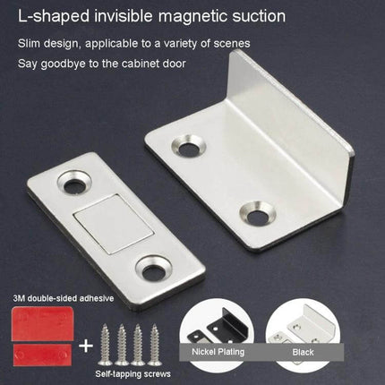 No Punch Invisible Door Suction Magnetic Catch For Wardrobe Doors - L-shaped nickel-plated invisible magnetic suction with screws and adhesive, slim wardrobe catch