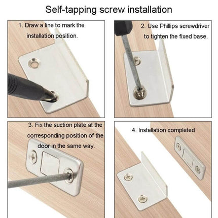 No Punch Invisible Door Suction Magnetic Catch For Wardrobe Doors showing self-tapping screw installation steps on a wardrobe door
