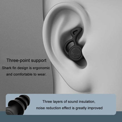Noise Canceling Sleeping Earplugs Triple Layer Silicone soft nano triple-layer silicone earplug shown fitted in ear, ergonomic shark-fin three-point support