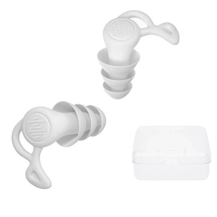 Noise Canceling Sleeping Earplugs Triple Layer Silicone white triple-flange earplugs with loop handles and storage case