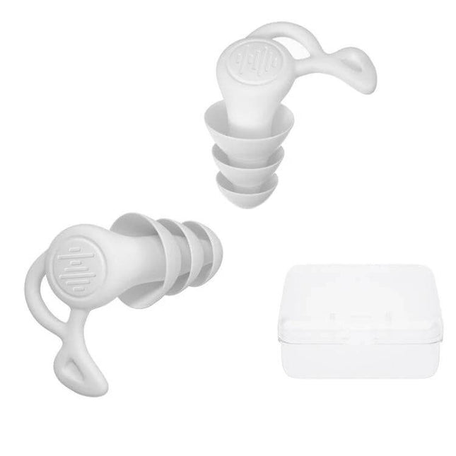 Noise Canceling Sleeping Earplugs Triple Layer Silicone white triple-flange earplugs with loop handles and storage case