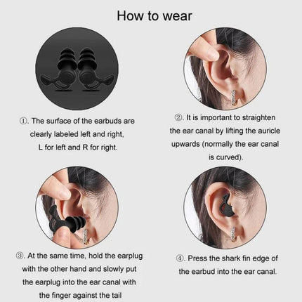 Noise Canceling Sleeping Earplugs Triple Layer Silicone shown with step-by-step how-to-wear guide for proper ear insertion and fit