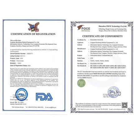 Non Contact Infrared Forehead Thermometer For Baby And Adult certification and conformity documents showing FDA and CE approval