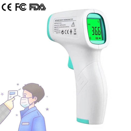 Non Contact Infrared Forehead Thermometer For Baby And Adult handheld white infrared forehead thermometer with green LCD showing 36.6°C, ideal for home and clinical use
