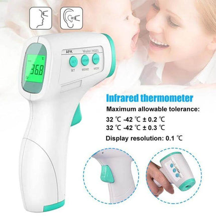 Non Contact Infrared Forehead Thermometer For Baby And Adult showing digital LCD reading and ergonomic white-green design for quick non-contact fever screening
