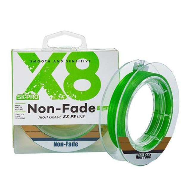 Non-Fade X8 PE Fishing Line 150m 0.8mm For Freshwater bright green braided spool with packaging showing X8 Non-Fade label