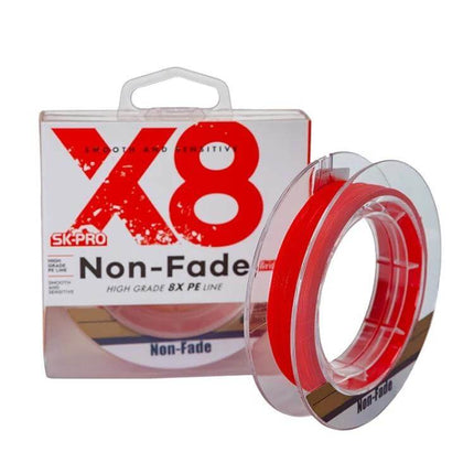Non-Fade X8 PE Fishing Line 150m 0.8mm For Freshwater red braided spool with clear plastic case showing X8 Non-Fade branding