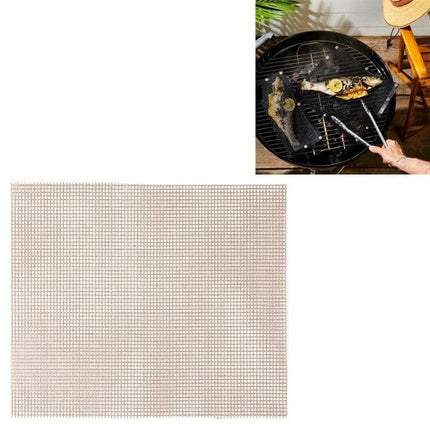 Nonstick Grill Mat 30x40 Cm For Easy Grilling On Barbecues - brown Teflon grill mat on barbecue holding fish and vegetables, nonstick surface, easy cleanup