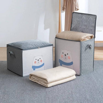 Nonwoven Clothing Storage Bag Gray 50x42x39 cm For Closet with translucent panel and bear print, foldable closet organizer for blankets and clothes